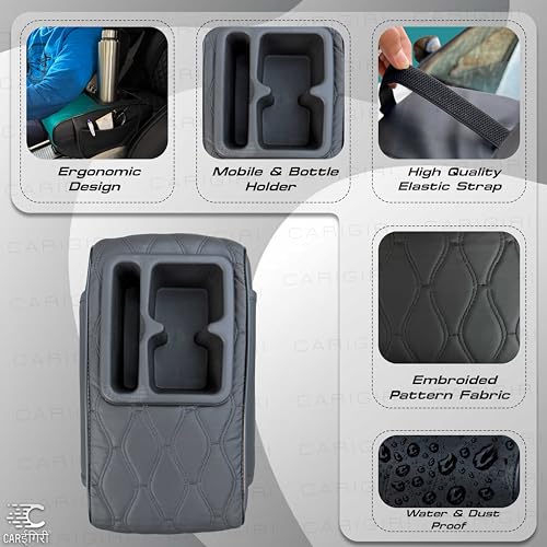 Image of Carigiri Nappa Leatherette,Foam ComfiRest Pro Car Armrest Cushion with Cup Holder| Arm Cushion| Universal for All Cars|Armrest with Mobile Holder (Black,Utility Pockets,Dual Cup Holder,Mobile Holder)