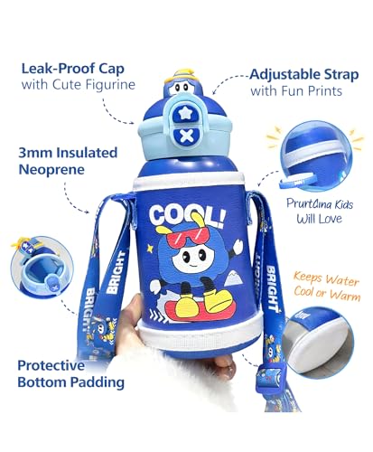Image of Kids Stainless Steel Insulated Mug Bottle with Straw & Strap - 500ml Double Wall Vacuum Sipper Flask, Portable School Travel Water Bottle for Boys & Girls,Blue