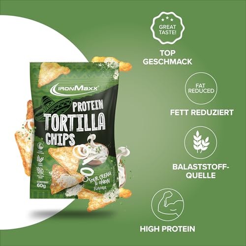 IronMaxx Protein Tortilla Chips – Sour Cream & Onion 60g | Knusprige Eiweißchips aus Soja & Maniok | High Protein Snack | Low Carb, ballaststoffreich & glutenfrei | Ideal für Fitness & Diät