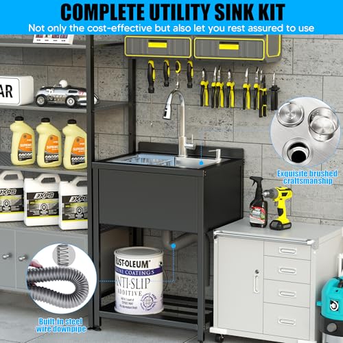 Image of Stainless Steel Utility Sink, 25.7 inch x 20.7 inch x 39.5 inchFreestanding Sink with Cold and Hot Water Faucet,Hoses and Drain Kit for Kitchens, Bathrooms, Garage, Laundry Room