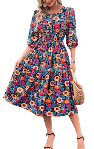 Image of Kormei Women Summer Casual Boho Floral Round Neck 3 /4 Sleeve Smocked Waist Tiered Flowy Swing Midi Dress L Black /Red