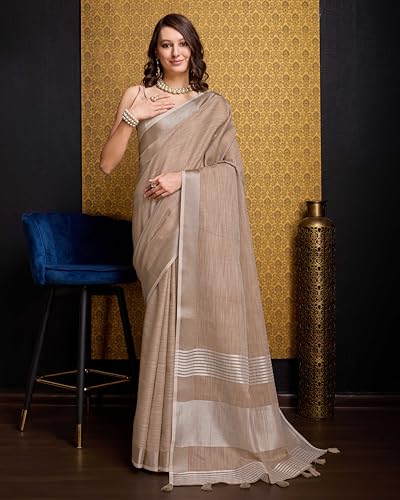 Image of SWORNOF Women's Linen Cotton Silk Saree with Unstitched Blouse Piece | Saree for Women | Saree with Blouse Piece | Soft and Skin Friendly
