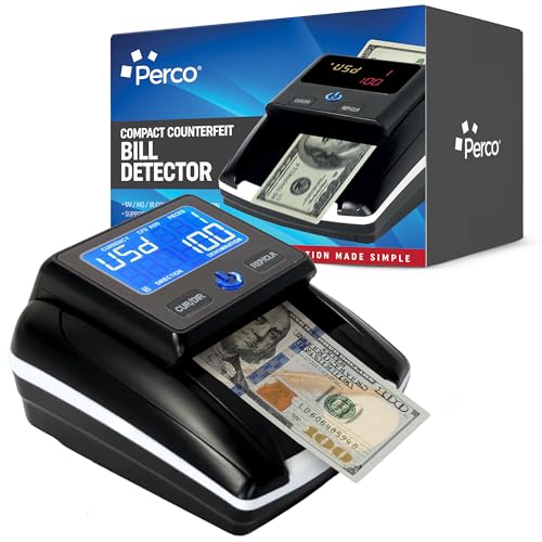 Perco Portable Counterfeit Bill Detector with UV/MG1/MG2/IR Smart Detection, Compact Lightweight Design – Money Checker for Small Business, Retail, and On-the-Go Use