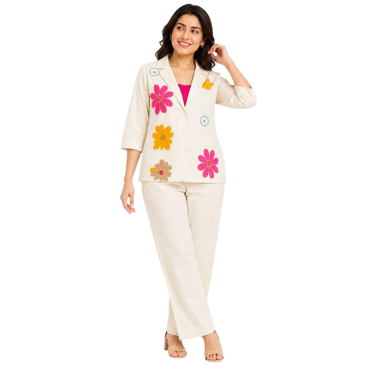 Women’s Khadi Cotton 3-Piece Floral Embroidered Co-Ord Set – Short Sleeve Lapel Jacket, Cotton Inner Tank Top & Straight-Leg Trousers Resortwear Outfit-image-43