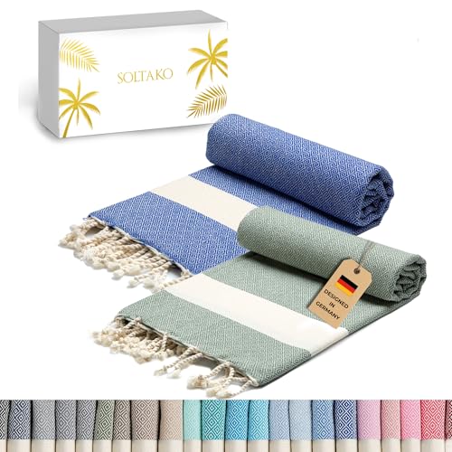 SOLTAKO Premium Hamamtuch Diamant Fouta 2er Set 100x200, Grau/Khaki – Ansicht 1
