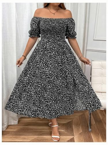 Image of Verdusa Women's Plus Size Boho Floral Long Dress Square Neck Shirred Flowy Wedding Guest Dresses