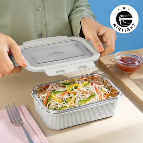 Image of Larah by BOROSIL Freshbyte Food Storage Container with Airtight Stainless Steel Lid | Fridge Container for Lunchbox | Food Grade | Microwave Safe (Grey, 600 ml, Rectangular)