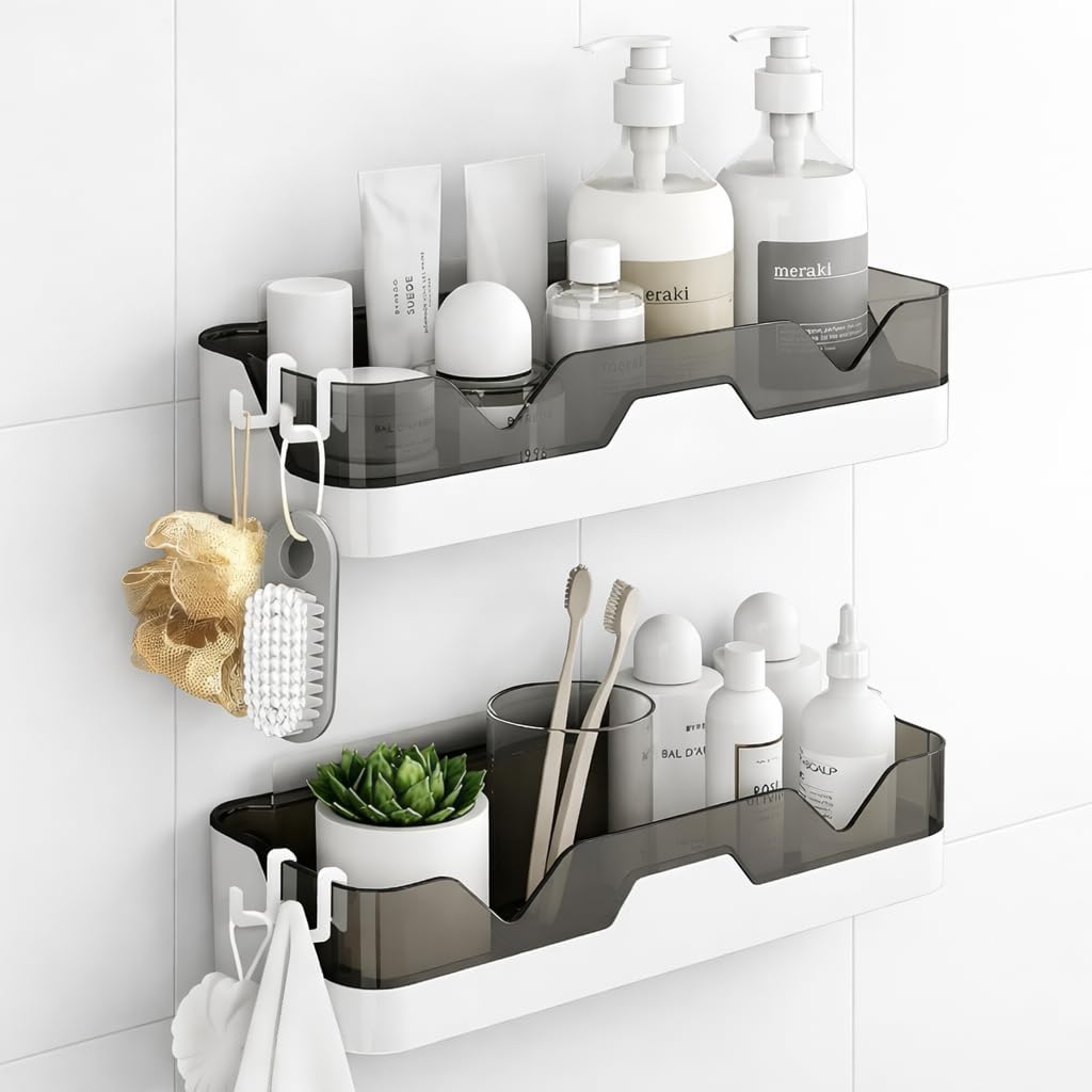 Bathroom Shelf Without Drill | Adhesive Bathroom Organizer & Wall Mounted Bathroom Shelf | Bathroom Accessories Storage Rack for Shampoo, Soap & Toiletries Pack of 2