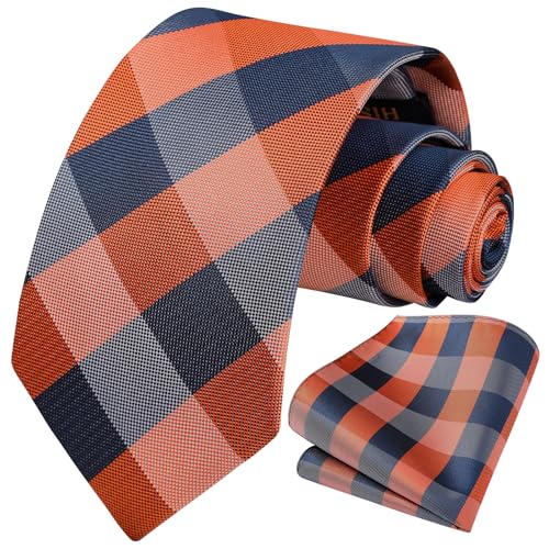 Image of HISDERN Ties for Men Formal Business Plaid Checked Mens Ties and Pocket Square Set Classic Wedding Necktie Handkerchief