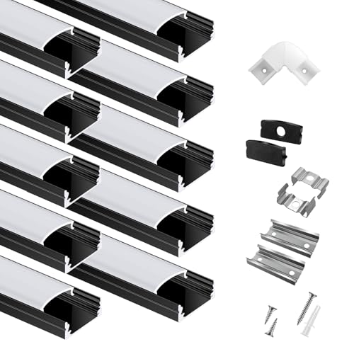 hunhun 10-Pack 6.6ft/2Meter U Shape Black LED Aluminum Channel System with Milky Cover, End Caps and Mounting Clips, Aluminum Channel Profile for LED Strip Light Diffuser Installations (10pa