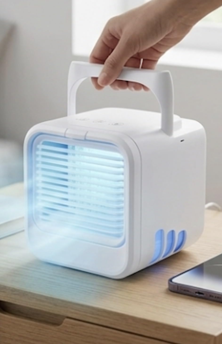 New||Mini Air Cooler, 3 Speed Settings, 7 LED Colour Modes, USB Power Cable|| PERFECT FOR BEDSIDE, DESK OR TRAVEL||