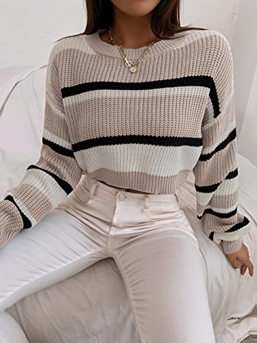 ZAFUL Women's Color Block Striped Sweater Crew Neck Lantern Sleeve Cropped Sweaters Casual Loose Knitted Tops2