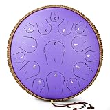 Steel Tongue Drum - 14 Inch 15 Note Tongue Drum - Hand Pan Drum with Music Book, Handpan Mallets and Carry Bag, C Major, Purple