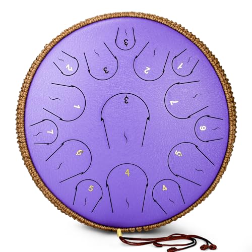 Steel Tongue Drum - 14 Inch 15 Note Tongue Drum - Hand Pan Drum with Music Book, Handpan Mallets and Carry Bag, C Major, Purple
