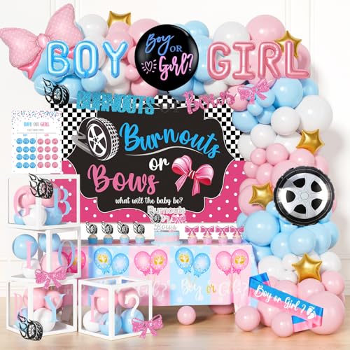 Hombae Burnouts or Bows Gender Reveal Decorations Kit - 171 Pcs Boy or Girl Gender Reveal Party Supplies with Backdrop Balloons & Confetti for Baby Shower