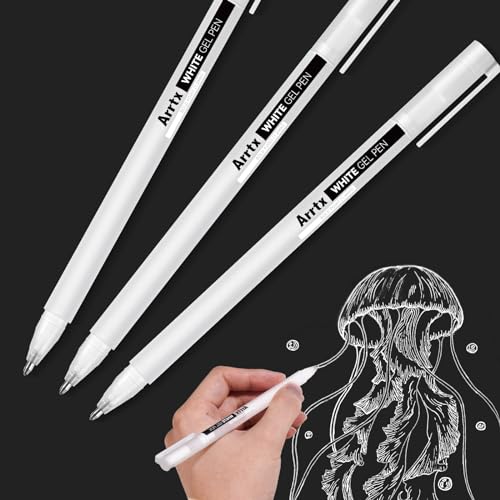 Arrtx White Gel Pen set, 1mm Gelly Roll Gel Ink Pen for Black Paper,Sketching,Drawing, Sketching, Writing, adult coloring books,Illustration, Taking Notes,White Ink Pen Highlight Fine liner (3 pack)