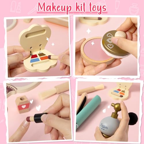 Atoylink Kinderschminke Set Mädchen Schminkset Kinder Holz Makeup Schminke Spielzeug mit Friseur Set Kinder Schminkkoffer HolzschminkeSpielset Holzspielzeug Geschenk für Mädchen ab 3 4 5 6 7 Jahre
