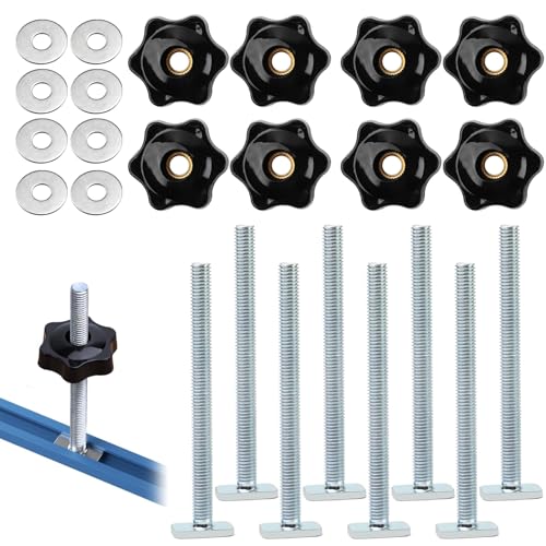 8 Set / 24 Pcs M8 T Track Bolts, T Slot Bolts M8 and Plastic Hand Nuts Kit, Aluminum Alloy T-Track Clamp Accessories, T Track Knob Kit for Woodworking Tool Slots and Fastening Fixtures