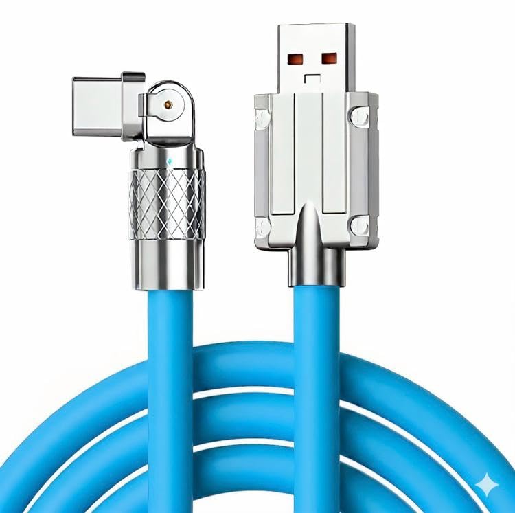 Image of 120W Fast Charging USB to Type-C Cable with 180 Rotating Head - Zinc Alloy Metal Connector, Heavy Duty Silicone Braided Data Sync Cord for Gaming & Smartphones (Blue)