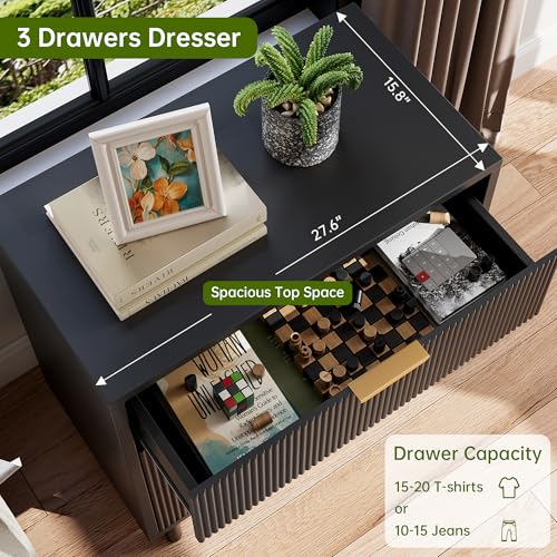 GarveeHome Black Fluted 3 Drawers Dresser, Wide Wood Chest of Drawers, Modern Storage Dresser Chest of Drawers Organizer with Metal Legs and Anti-Tipping Device for Bedroom Living Room