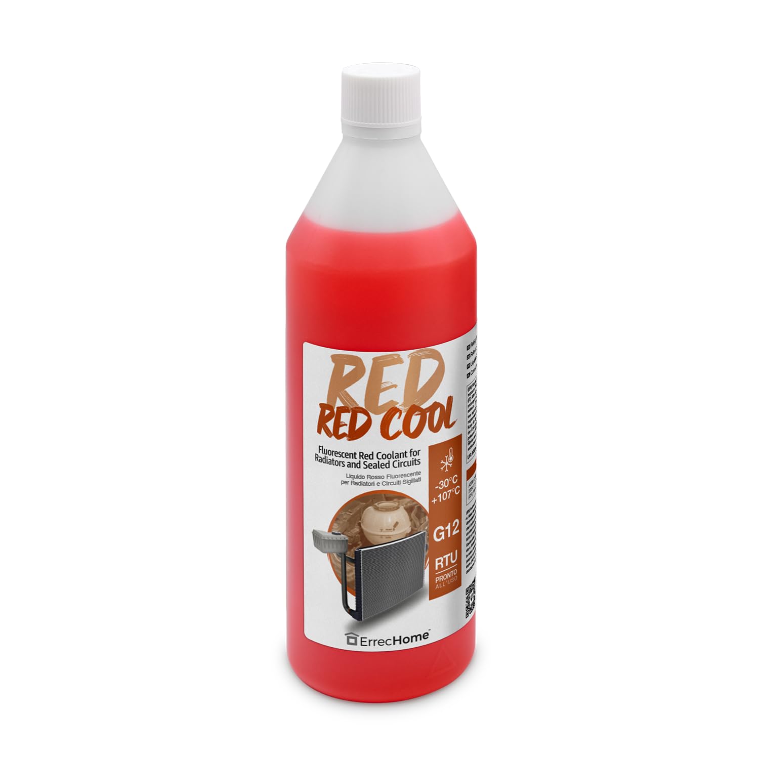 ERRECHOME Red Cool, Red Coolant and Antifreeze -30°C/+107°C, Fluorescent Formulation with organic-based OAT inhibitor package, G12, Ready to Use, 1 Litre
