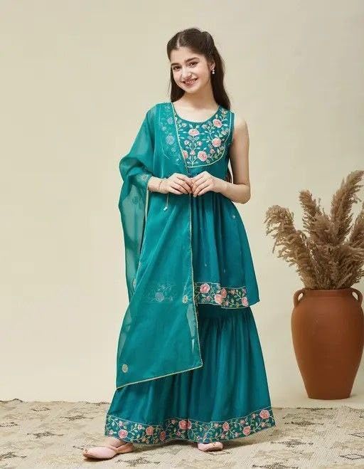 Baby Girls Festive & Party Wear SILK BLEND Kurta Sharara Set with Dupatta