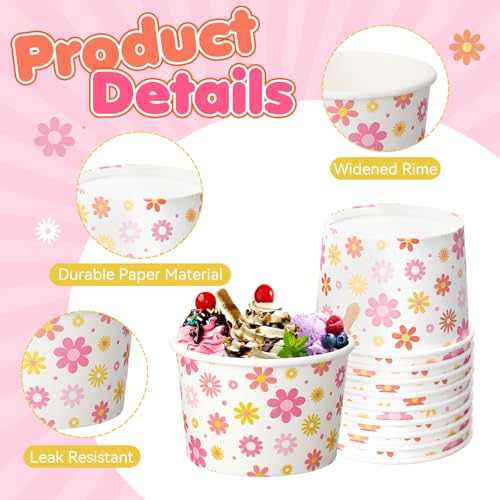 Image of Funnymoom 50 Pack Groovy Ice Cream Cups 9 oz Boho Daisy Disposable Dessert Bowls Flower Paper Soup Bowls Snack Cups for Hot or Cold Food Daisy Retro Hippie Baby Shower Wedding Birthday Party Supplies