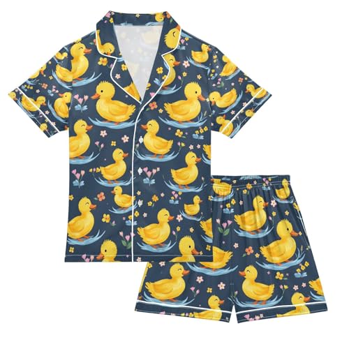 senya Boat Duck Flower Satin Summer Pajama Sets Silk Short Sleeve Button Down Sleepwear