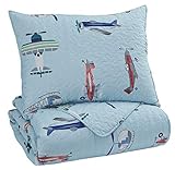 Signature Design by Ashley - Mcallen 2 Piece Twin Quilt Set - Airplane/Helicopter Pattern - Blue/Multicolor