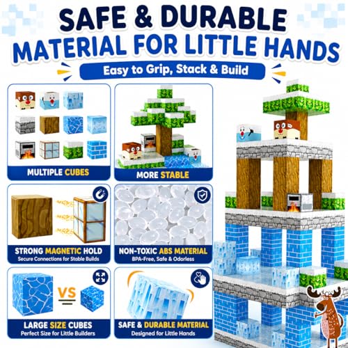 Image of 54PCS Magnetic Building Blocks 2.5 Cm Size Educational Construction Toy Set for Kids Creative Skill Development Toy Birthday Gift for Boys & Girls (54PCS Snow Theme Block Set)
