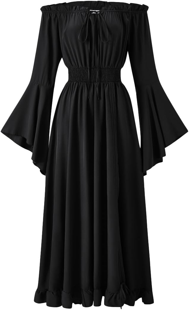 Renaissance Dress Women's Halloween Costume - Convertible Maxi Dress Lace-up V-Neck, Bell Sleeves & High-Low Skirt