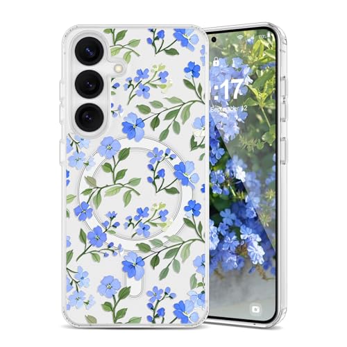 EYZUTAK Magnetic for Samsung Galaxy S23 Case Flower Case Compatible with MagSafe, Pretty Floral Stylish Aesthetic Phone Cover Slim Clear Anti-Yellowing Protective Cover for Girls Women - Blue
