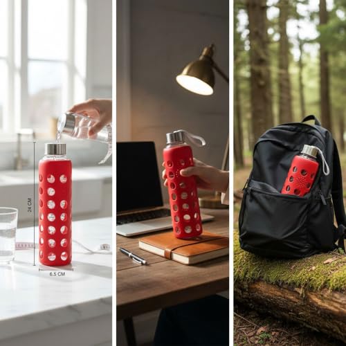 Image of Borosilicate Glass Water Bottle with Silicone Sleeve | BPA-Free, Leakproof, Reusable, Eco-Friendly, Hot & Cold Safe, Travel Bottle for Gym, Office, Yoga (Red, 500ml)