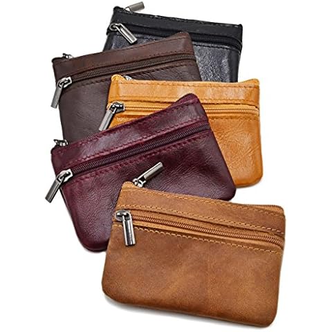 Freezx Women Genuine Leather Coin Pouch Zip Mini Purse Wallet Key Chain Double Zipper Cover