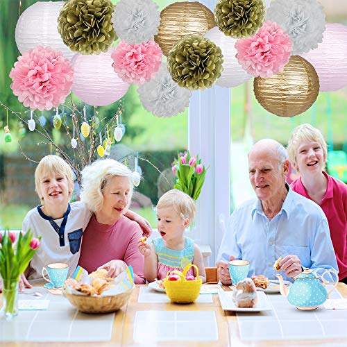Pink Gold Party Decorations, Pink Gold Paper Lanterns And Pom Poms Flowers For Birthday Party Baby Showers Engagement Tea Party Decor 15Pcs #TOP6