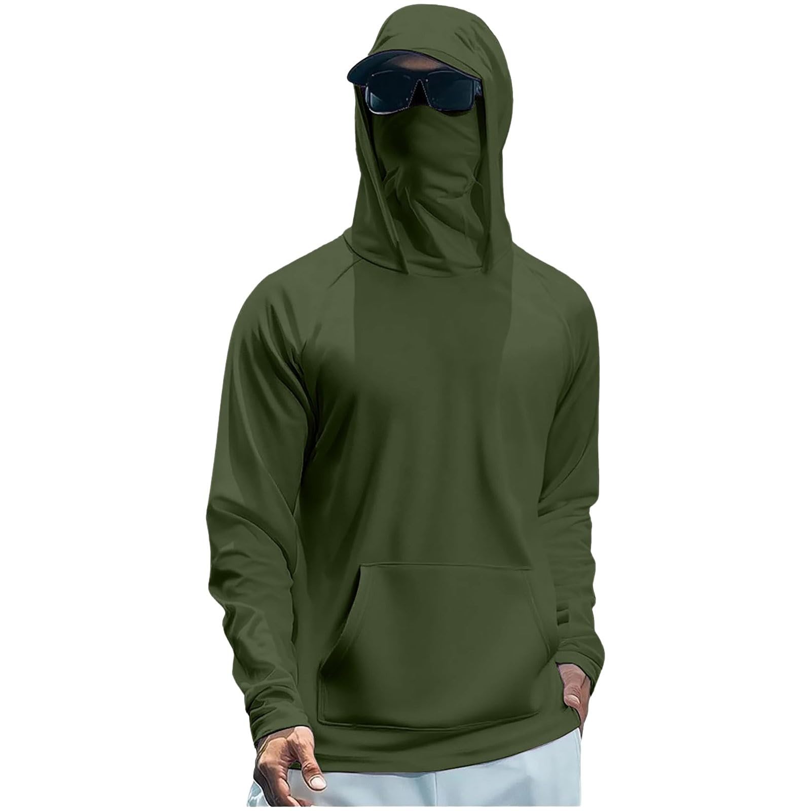 Men's Sun Protection Hoodie with Face Mask Quick Dry Fishing Shirt Lightweight UPF 50+ UV Hoodie Long Sleeve Rash Vest for Hiking Running Outdoor, Blackish Green, M