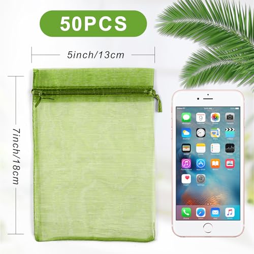 Image of ANZNKU 50 Pack Green Organza Bags 5 x 7 Inch, Gift Bags Small Size Sheer Favor Bag with Drawstring, Small Mesh Bag for Easter Candy Jewelry Party Wedding & St. Patrick's Day