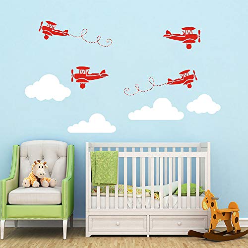 Juekui Airplane Wall Sticker Aircraft With Clouds Wall Decal For Baby Boys Bedroom Decoration Fighter Airplane Wall Decor Ws65 (Red And White) #TOP1