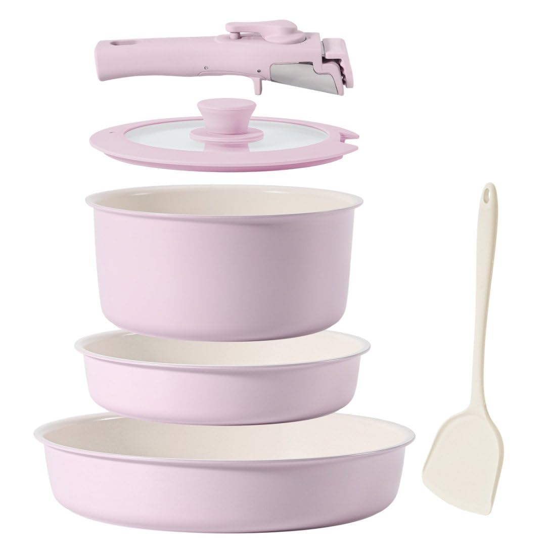 MsMk 6-Piece Pink Ceramic Nonstick Cookware Set, Frying Pans with White Interior (20/24/28cm), Removable Handle, Glass Lids, Spatula, Space-Saving Design, Oven & Dishwasher Safe