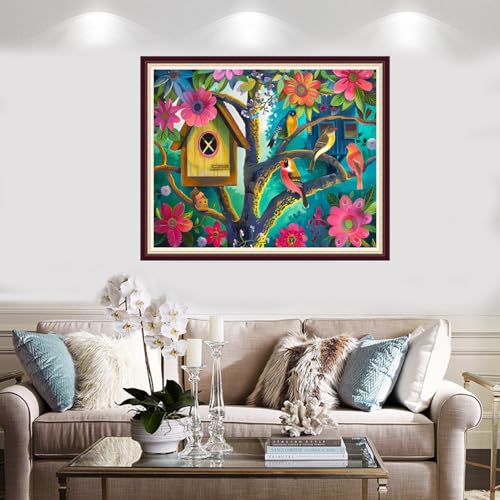 Image of Foxnyart Stamped Cross Stitch Kits Full Range of Embroidery Needlework Starter Kits for Beginners Adults 11CT Embroidery Patterns Art Crafts DIY Needlepoint Kit-Bird Flower Home 16x20 inchs