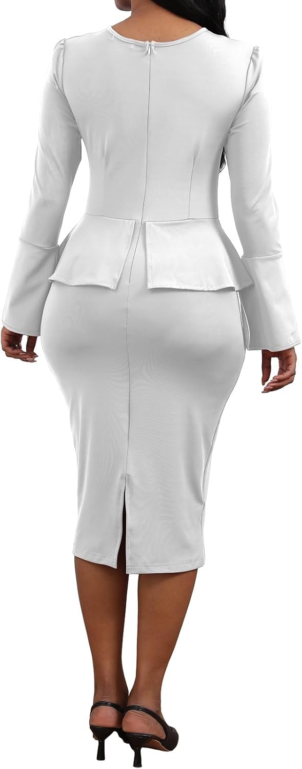 Women's Dress Work Business Dress Bodycon Split Long Sleeve Round Neck Pencil Dresses - Image 2