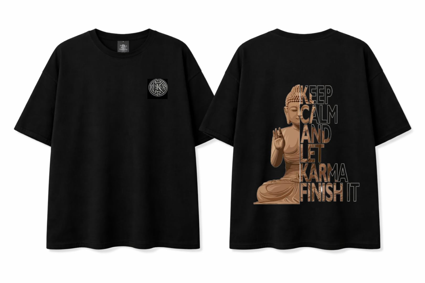 KLOE & XOE Men's Oversized Black T-Shirt | Buddha 'Karma' Graphic Printed Drop Shoulder Tee | 100% Cotton Premium Streetwear for Casual Wear-image-14