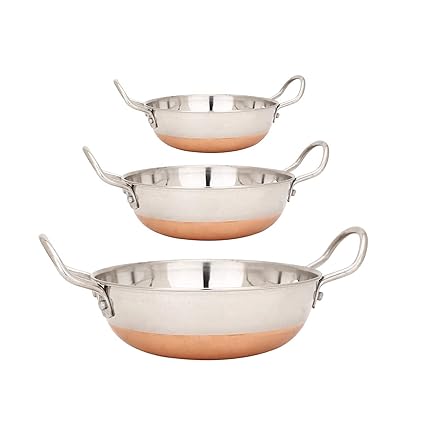 RJ kitchenware Store Stainless Steel Copper Bottom Kadhai Kadai for Cooking/Serving(1000 ML 1500 ML 2000 ML, Set of 3) Pot Pans for Frying
