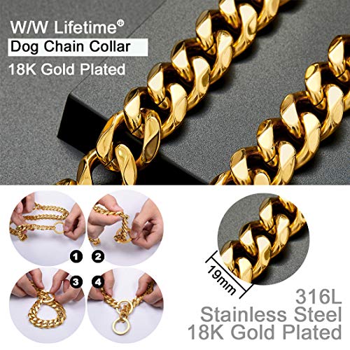 W/W Lifetime Dog Chain Collar Choke Collar Heavy Duty Chew Proof 19MM 14K Gold Plated Stainless Steel Dog Training Collar(19MM, 22")