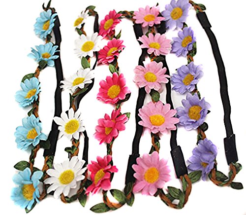 5 Pcs Women Lady Girl's Bohemian Boho Style Daisy Flower Floral Crown Headband Garland Halo Hair Band For Festival Party Wedding - Random Color