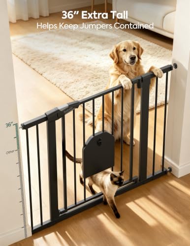 Image of Babelio 36 inch Tall Baby Gate with Adjustable Cat Door, CatPrivilege I, 29-43 inch | Auto Close, Safety Gate for Stairs, Easy Walk Thru with Pet Door, Includes 4 Wall Cups and 3 Extension Pieces, Black