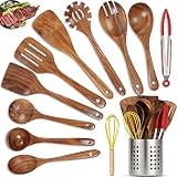 Optyuwah Kochutensilien Set aus Teak, Holz Küchenutensilien 11-tlg - Küchenhelfer + Utensilienhalter, Antihaftes Hitzebeständiges Pfannenwender Kochlöffel Suppenkelle Kochbesteck Usw.
