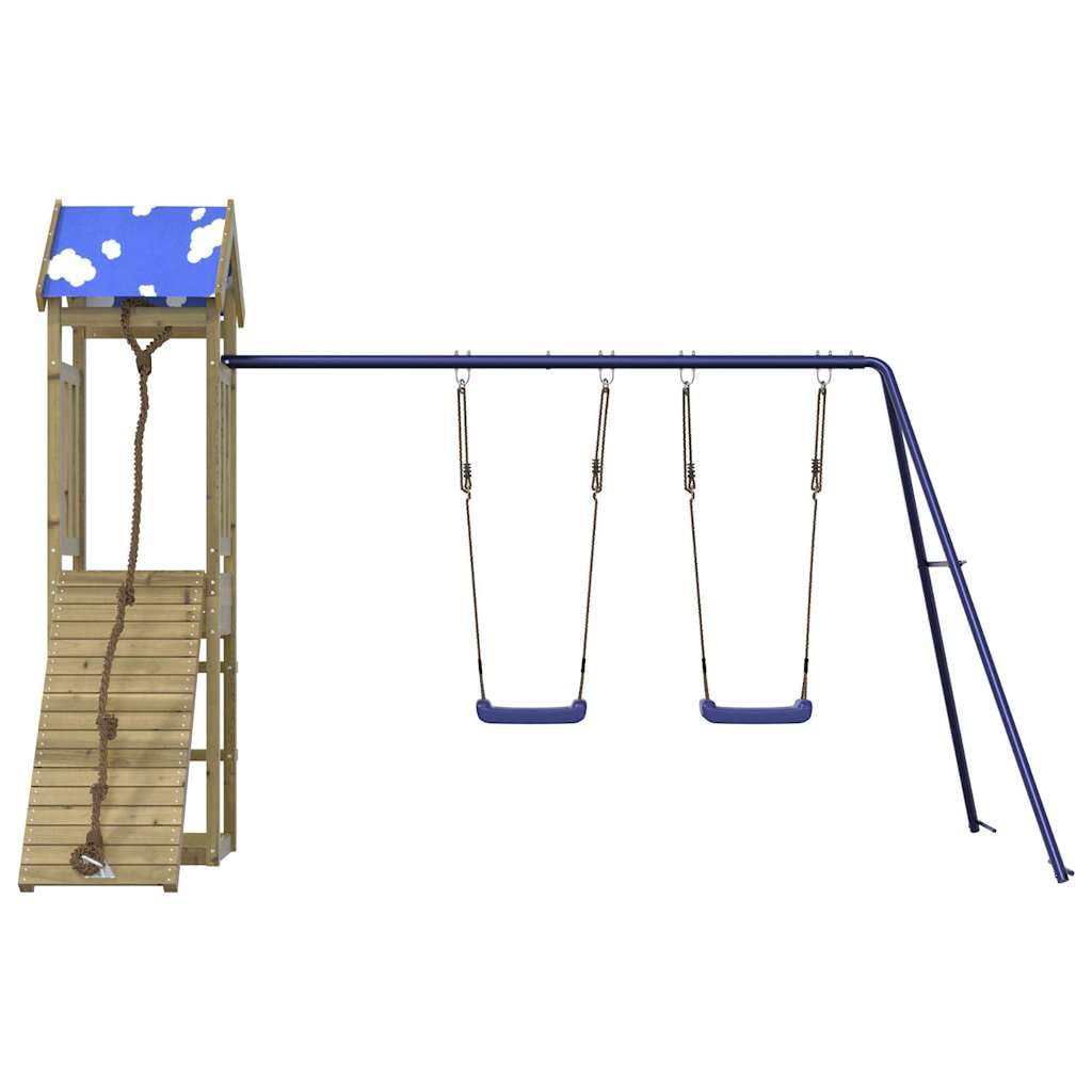 Torre de juego de madera de pino impregnada con columpio y estructura de escalada para jardín, casa de juegos al aire libre con caja de arena, tobogán y cuerda, dispositivo de juegos robusto