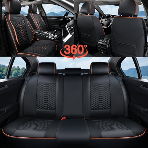 Image of Coverado Leather Seat Covers, Car Seat Covers Full Set, Nappa Leather Seat Covers for Cars, Car Seat Protectors Waterproof, 5 Seats Black&Orange Automotive Seat Covers Fit for Most Cars Trucks