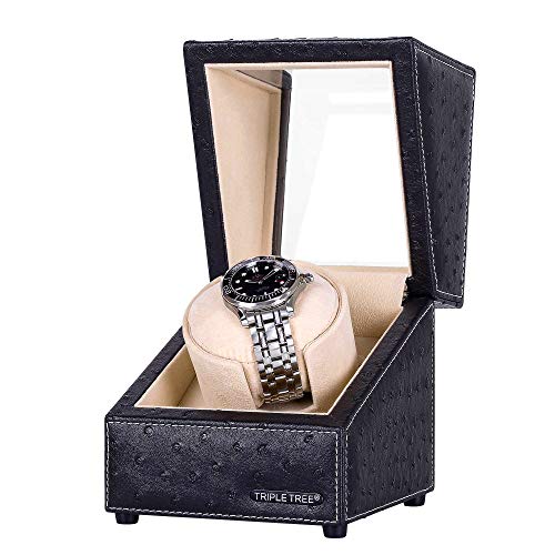 Triple Tree Single Watch Winder Newly Upgraded, With Flexible Plush Pillow, In Wood Shell And Black Leather, Japanese Motor, 4 Rotation Mode Setting, Fit Lady And Man Automatic Watches #TOP1